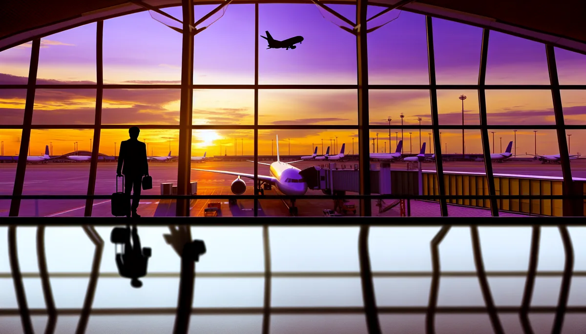Silhouette of a traveler standing at an airport departure gate during sunset, with aircraft visible through large windows