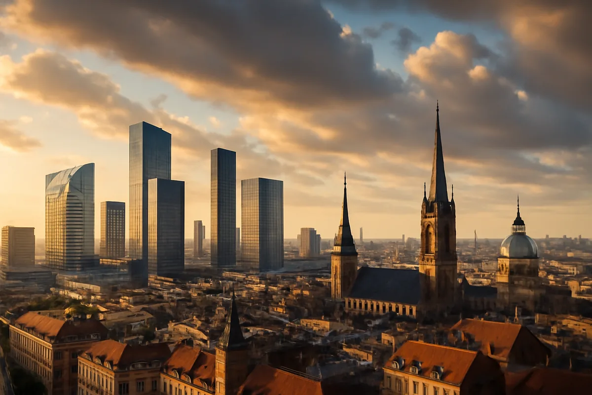 Panoramic golden hour view of a modern European city skyline with contemporary and historic architecture under dramatic clouds
