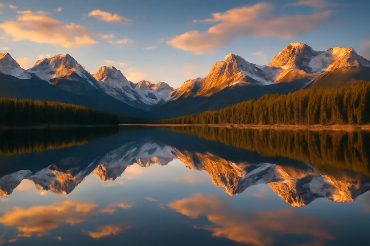 Panoramic view of the Canadian Rocky Mountains reflected in a calm alpine lake, surrounded by dense pine forests under golden hour light