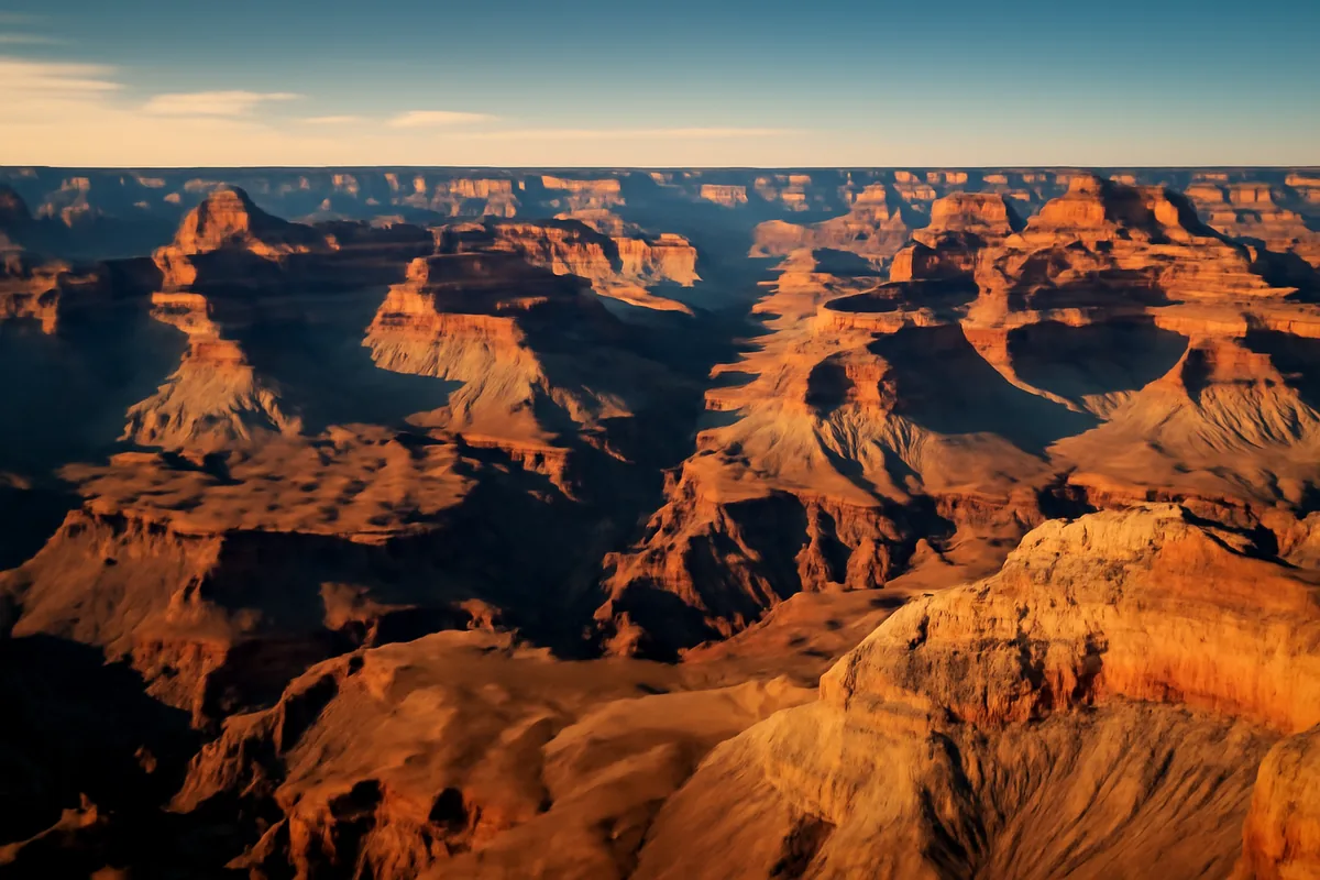 Breathtaking panoramic view of the Grand Canyon at golden hour, with layered red and orange rock formations stretching into the horizon under a vivid blue sky