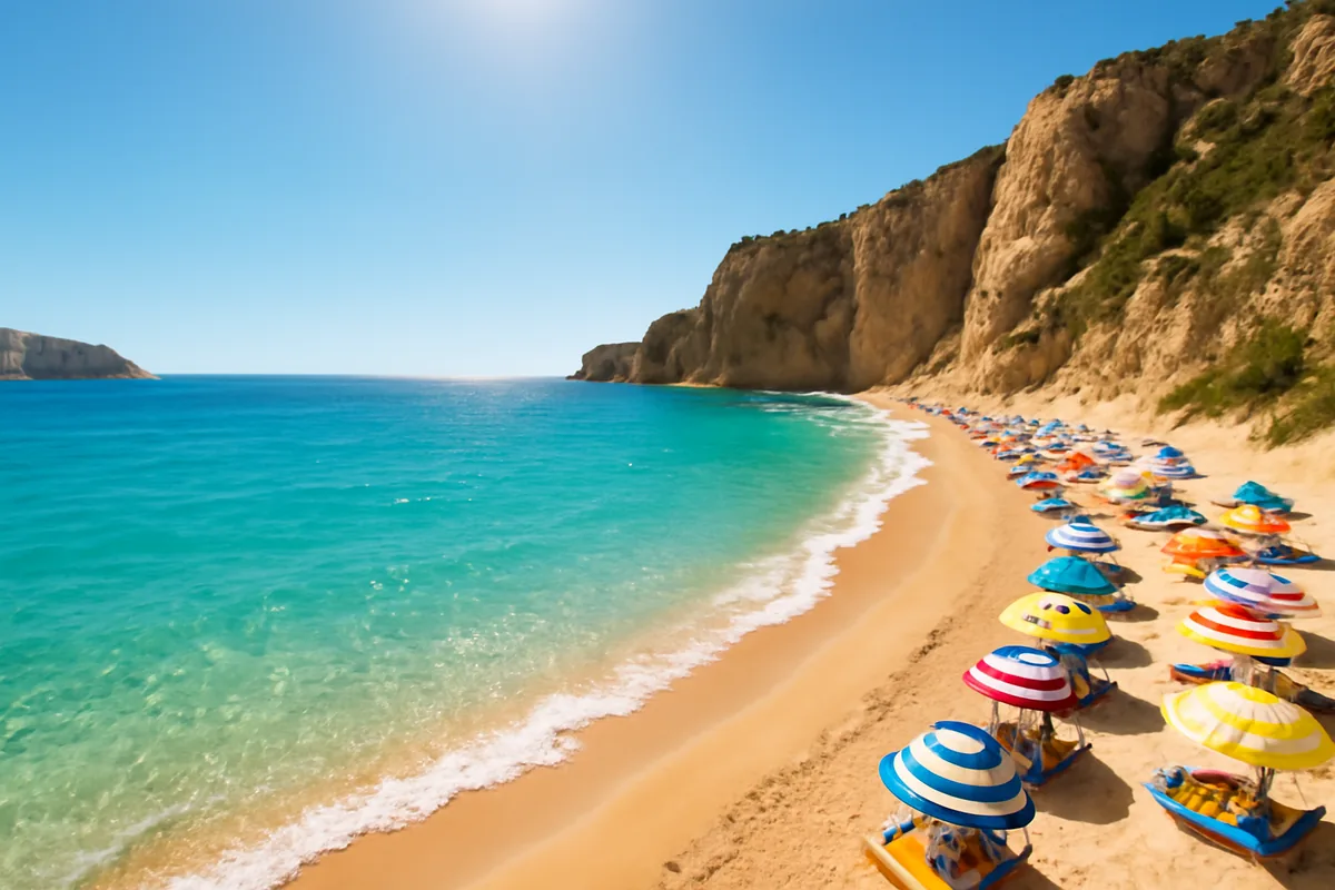 A stunning Mediterranean beach scene with turquoise waters, golden sand, colorful umbrellas, and dramatic coastal cliffs under bright summer sunshine