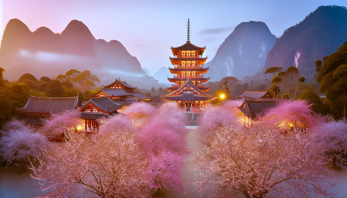 Beautiful Asian temple with traditional pagoda architecture surrounded by blooming cherry blossom trees, with misty mountains visible in the background during golden hour