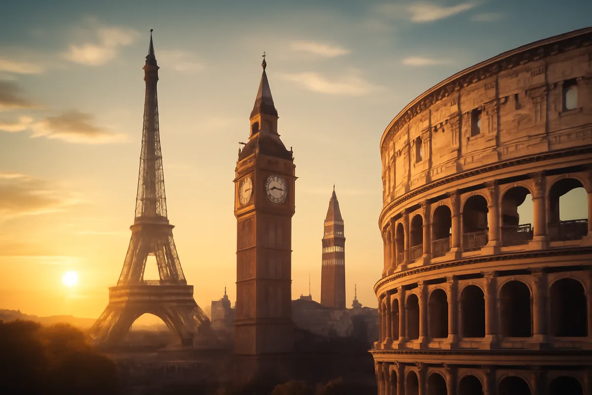 Panoramic European travel scene featuring famous landmarks like the Eiffel Tower, Big Ben, and Colosseum in golden hour lighting