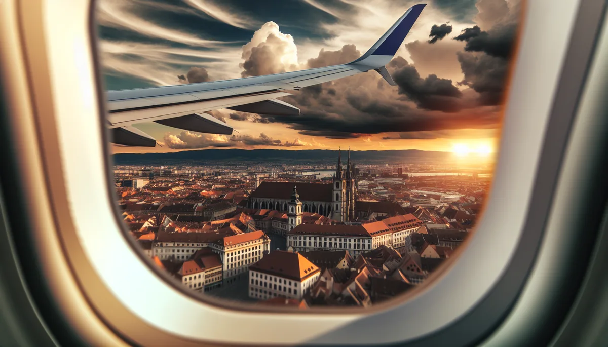 Aerial view from airplane window showing European city landscape during sunset with dramatic golden lighting and clouds