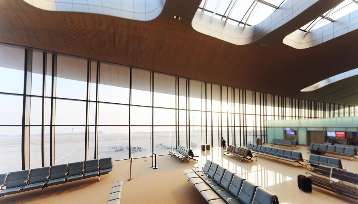 Modern airport terminal departure lounge with large windows overlooking aircraft on the tarmac, featuring clean architectural lines and soft natural lighting