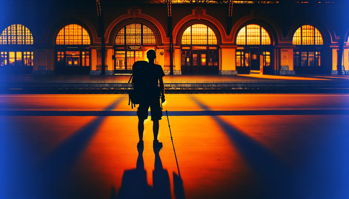 Silhouette of a traveler with backpack standing on a European train station platform during golden hour, with classic architecture in the background