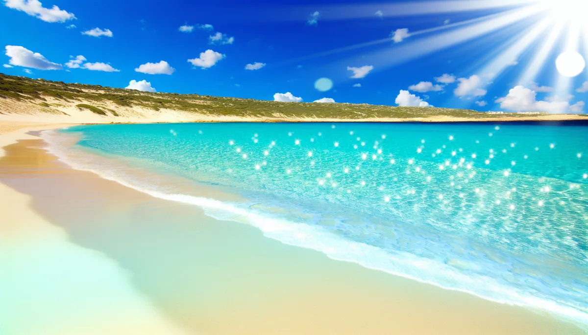 Beautiful Mediterranean beach with turquoise waters and white sand under bright summer sky