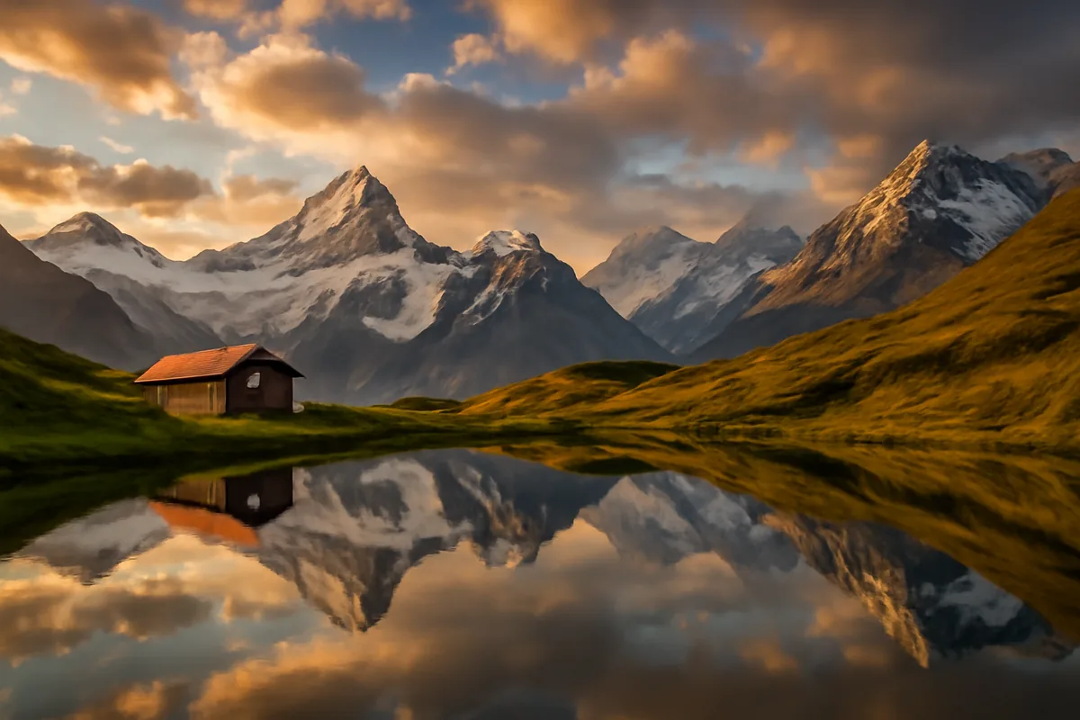 Panoramic view of the Swiss Alps with snow-capped mountains reflecting in a serene alpine lake, surrounded by green meadows and a traditional Swiss chalet under golden hour light.