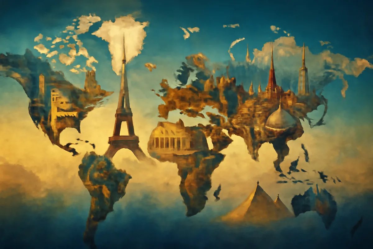 A stunning collage of world-famous landmarks from over 200 countries bathed in warm golden light, representing global travel destinations