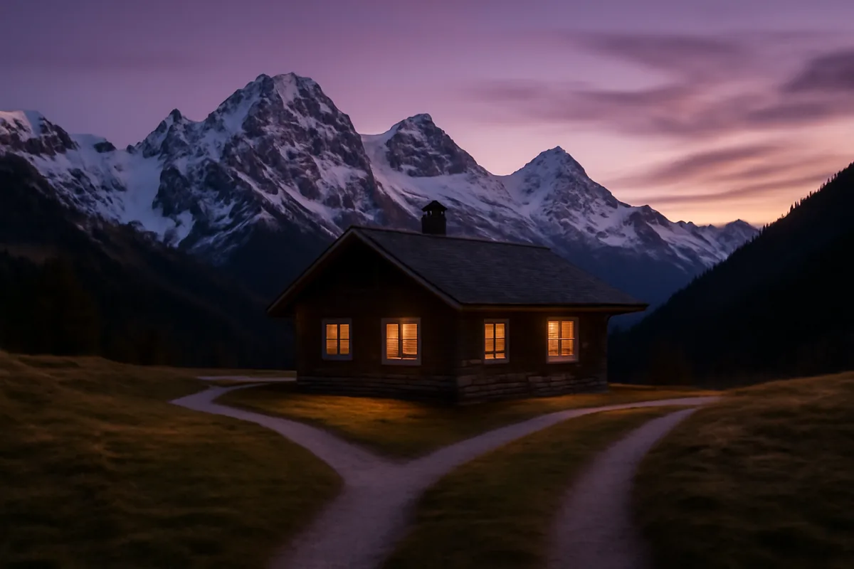 A welcoming mountain cabin with glowing windows at sunset, with multiple pathways leading to it, symbolizing connectivity and sharing