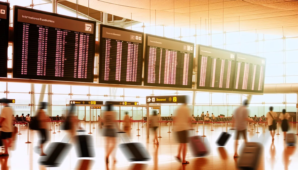 International airport terminal with departure board and travelers, representing global travel destinations