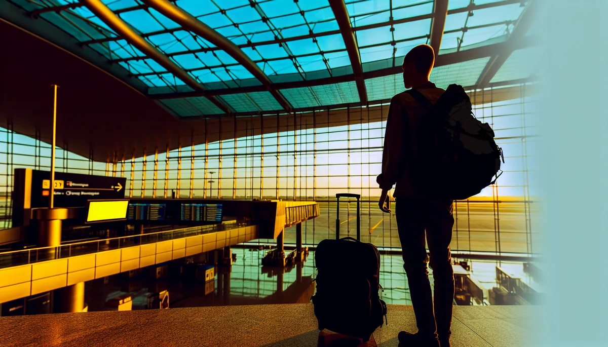 Silhouette of a traveler with backpack at airport departure gate during golden hour, overlooking aircraft on tarmac through large terminal windows