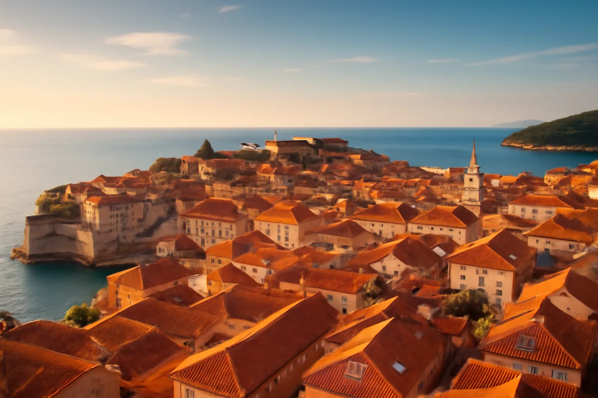 Aerial panoramic view of a sun-drenched European coastal city with terracotta rooftops overlooking a sparkling blue sea at golden hour