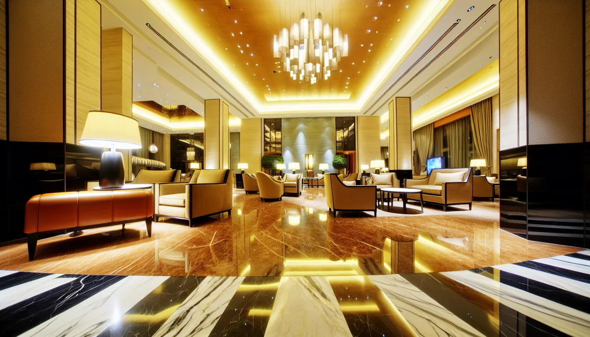 Luxurious hotel lobby interior with warm lighting, comfortable seating areas, and elegant modern design