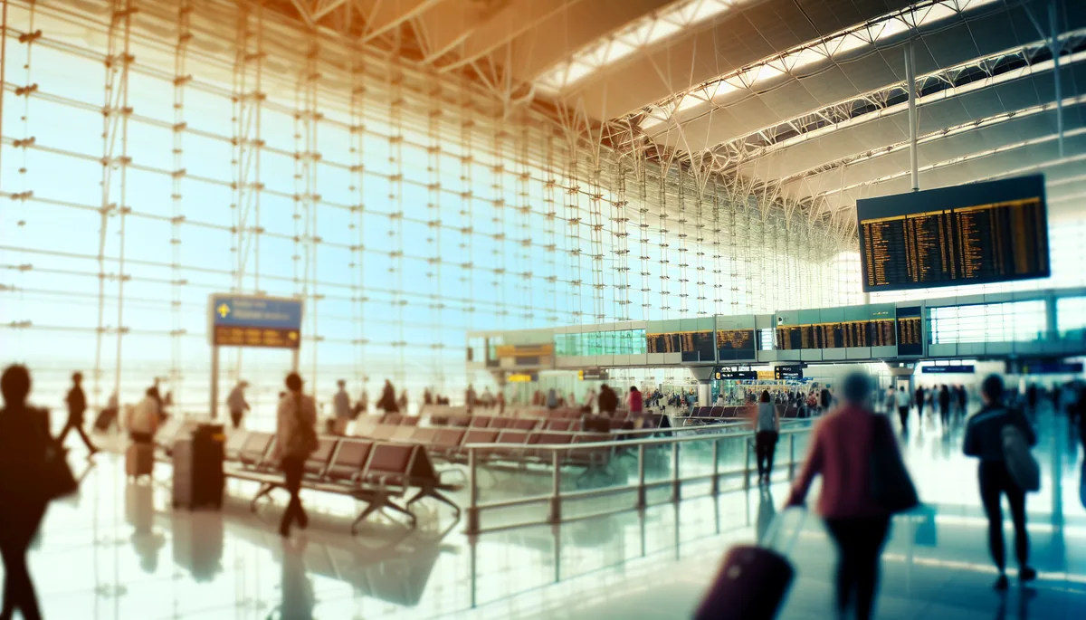 Modern airport terminal with travelers walking through spacious corridors, featuring contemporary architecture and natural lighting