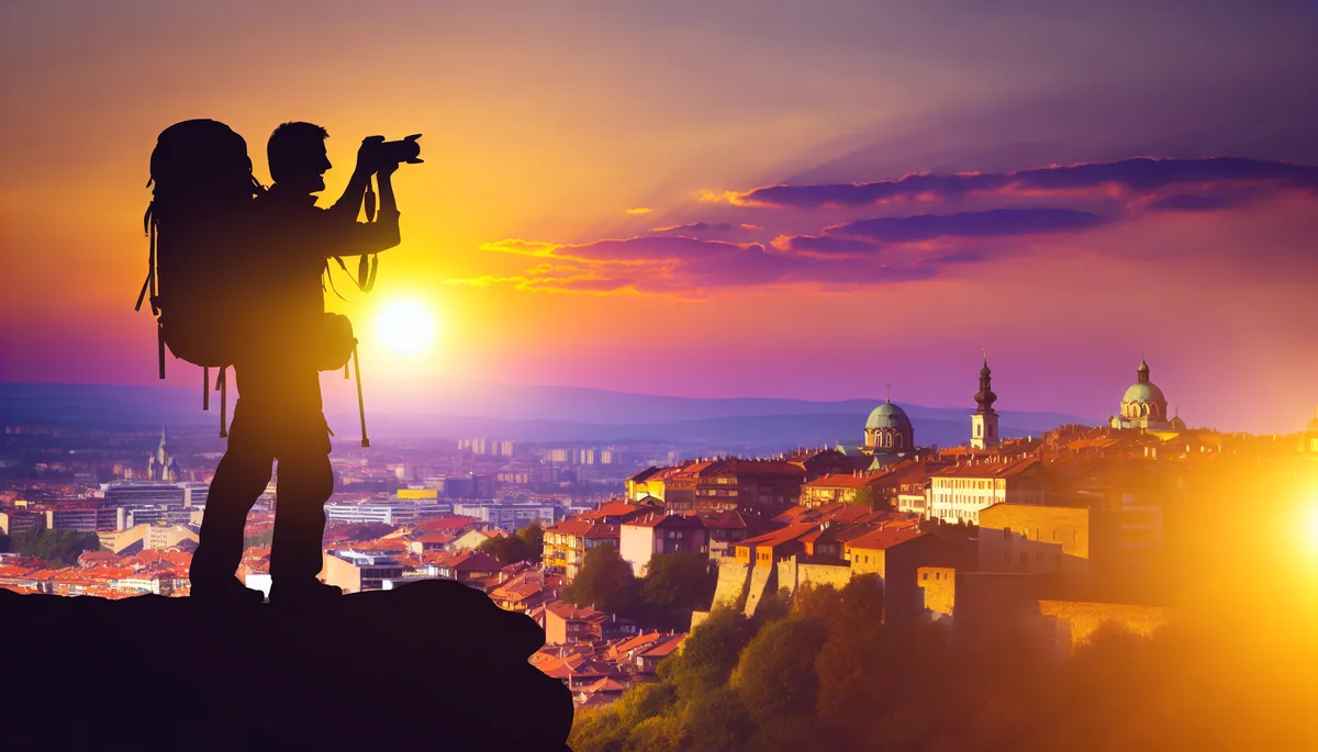 Silhouette of a traveler with backpack overlooking a European cityscape at sunset with golden lighting
