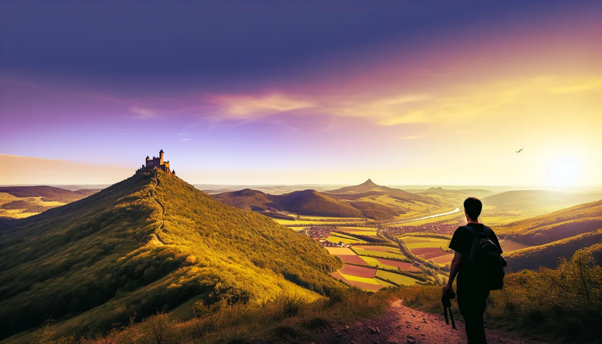 Traveler silhouette overlooking scenic European countryside valley with medieval castle and rolling hills during golden hour