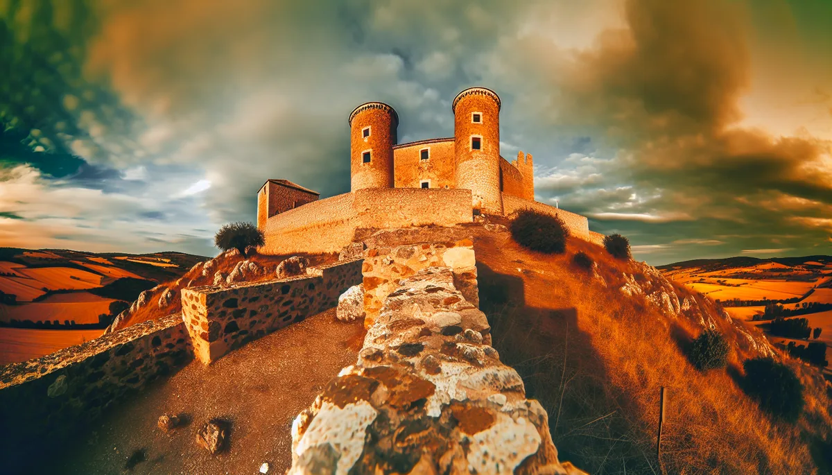 Medieval castle fortress on a hilltop with stone walls and towers against a dramatic sky, symbolizing security and protection while traveling