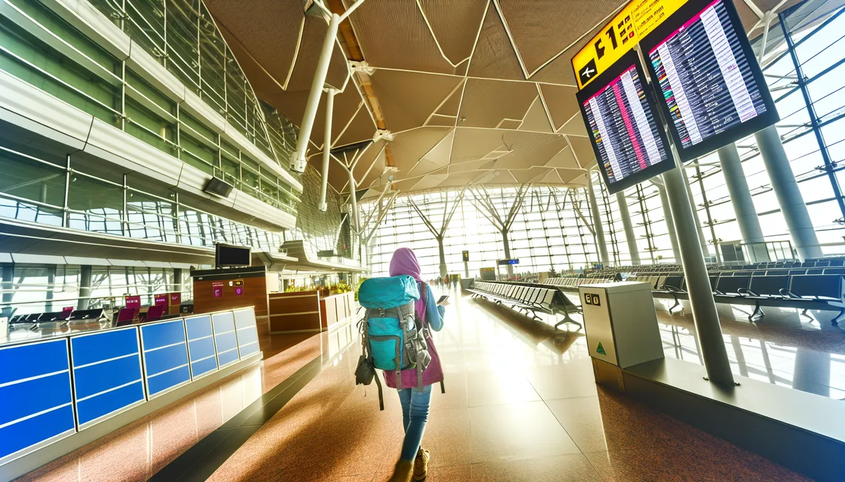 Traveler with backpack walking through modern airport terminal with departure gates in the background