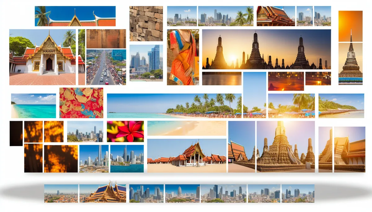 A panoramic view showcasing diverse international travel destinations including European architecture, Asian landmarks, tropical coastlines, and modern cityscapes bathed in warm golden light