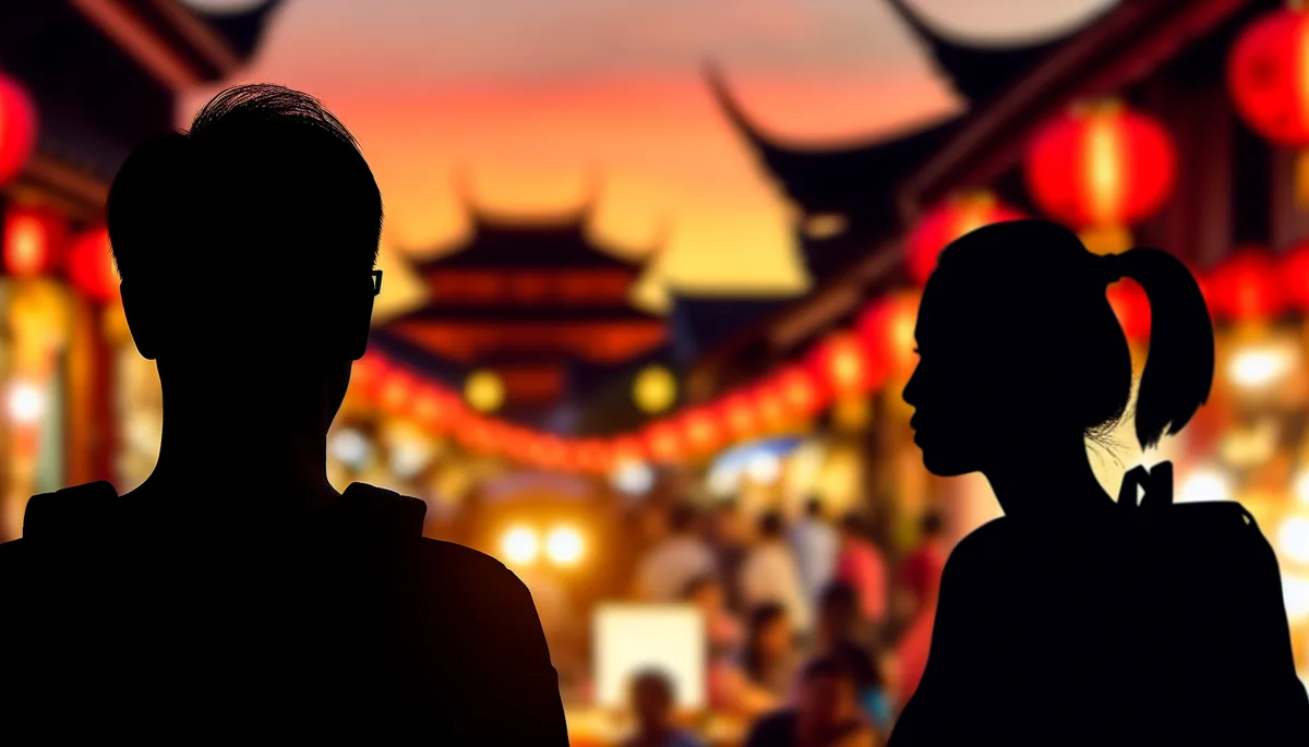 Silhouette of a traveler standing in a vibrant Asian street market with colorful lanterns and traditional buildings during golden hour