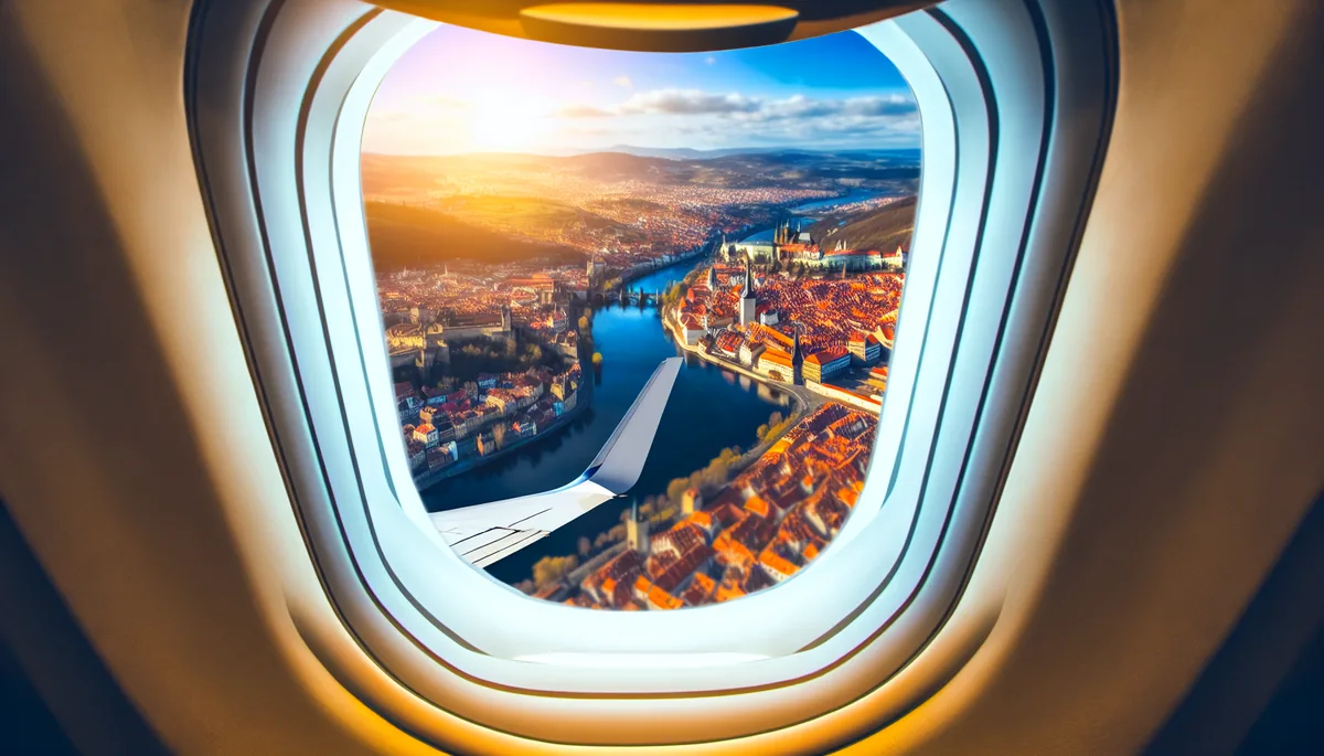 Aerial view of a European city with red-tiled rooftops and a winding river, as seen from an airplane window, representing seamless travel connectivity