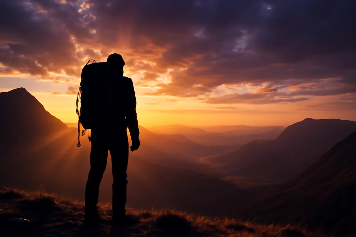 Silhouette of a backpacker with hiking gear standing on a mountain ridge at sunrise, overlooking a vast valley landscape with dramatic golden lighting