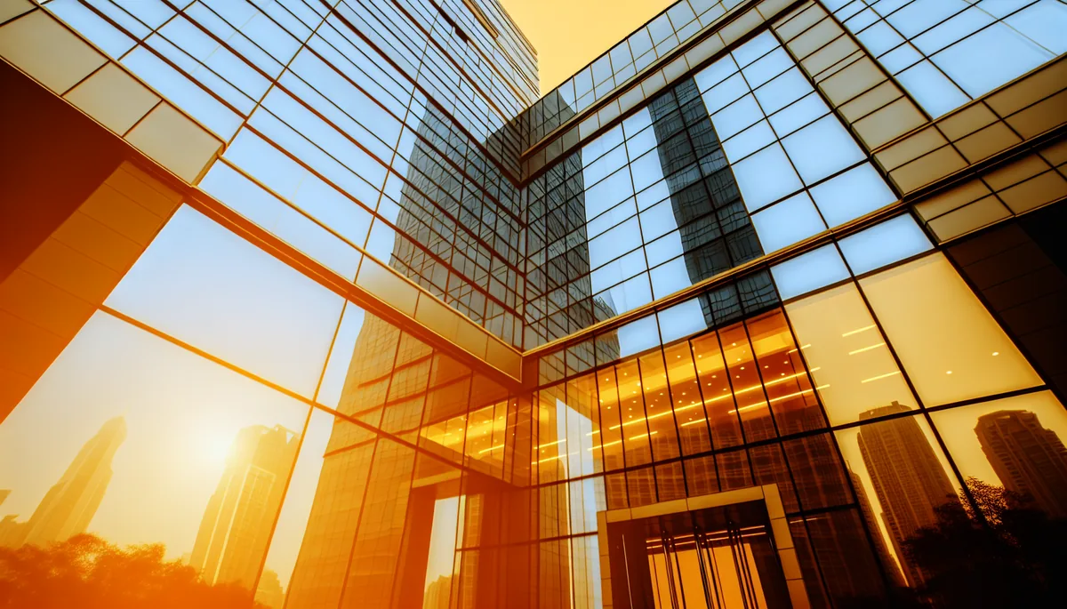Modern glass office building with city skyline reflection during golden hour, representing business travel and corporate connectivity
