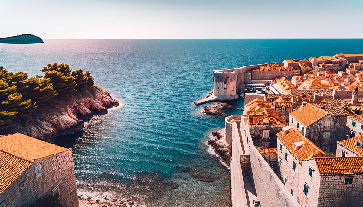 Aerial view of Dubrovnik's historic Old Town with its distinctive red rooftops and ancient stone walls overlooking the brilliant blue Adriatic Sea