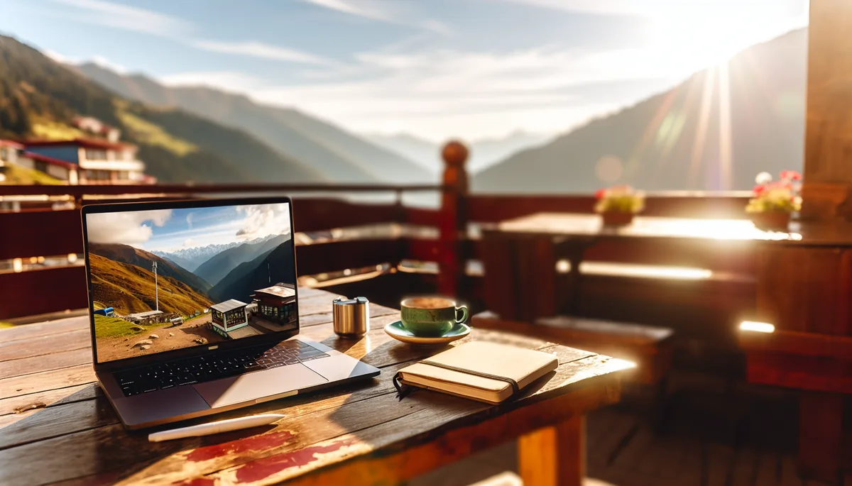 A scenic mountain cafe terrace with a laptop workspace overlooking a beautiful valley, representing the digital nomad lifestyle