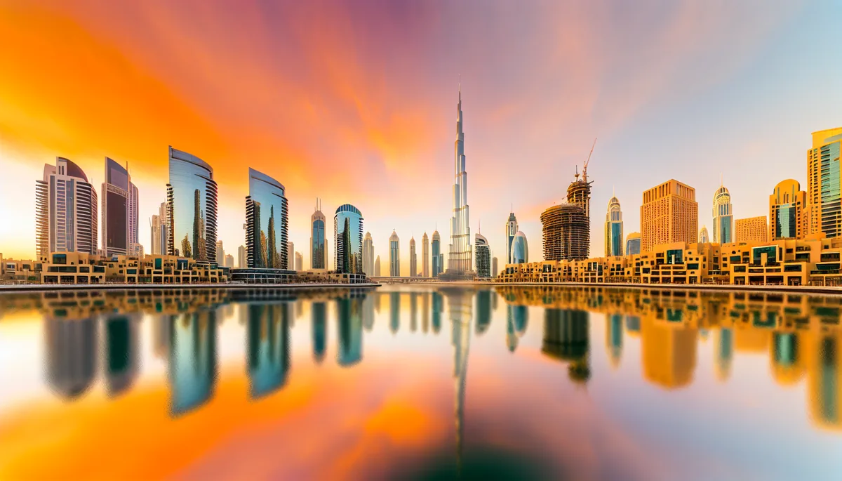 Dubai's modern skyline featuring the Burj Khalifa and contemporary skyscrapers reflected in water during golden hour