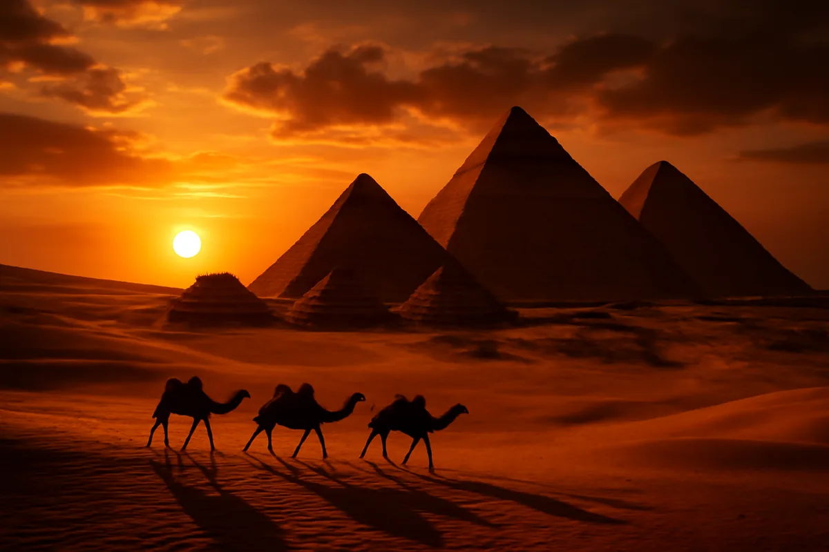 The pyramids of Giza at sunset, with golden desert sands and camel silhouettes in the foreground under a warm amber sky.