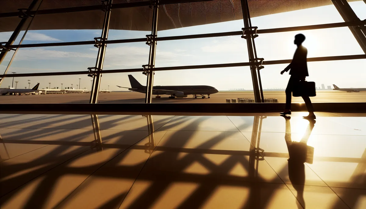 Silhouette of a business traveler walking through a modern airport terminal with large windows showing planes on the tarmac during golden hour