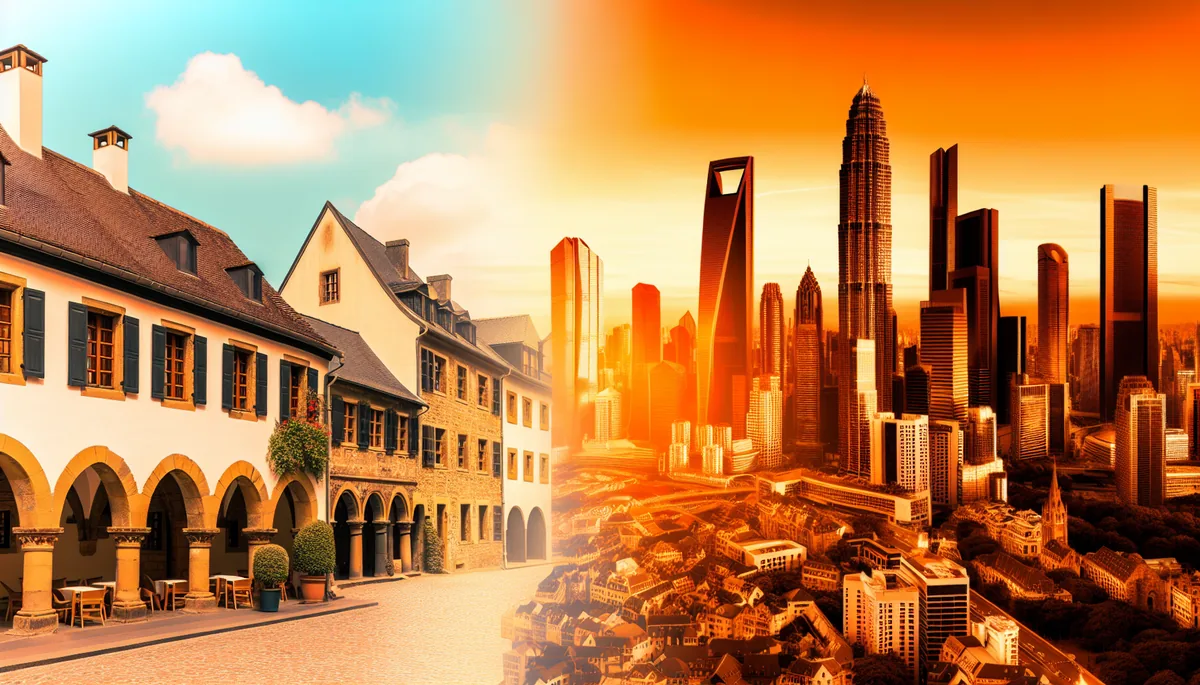 Split composition travel photograph showing European historic streets on the left and modern Asian cityscape on the right, captured during golden hour with warm lighting