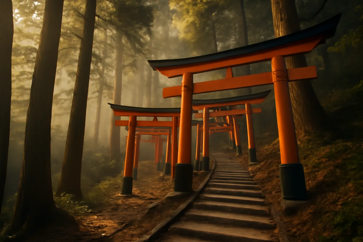 A serene pathway lined with iconic red torii gates ascending a misty forested mountain in Kyoto, Japan, bathed in soft golden morning light