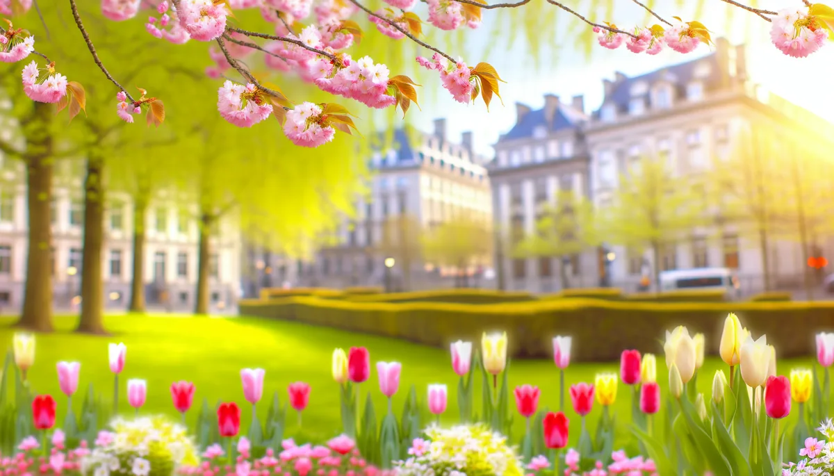 Spring flowers blooming in a European city park with historic buildings in the background, captured in warm natural lighting