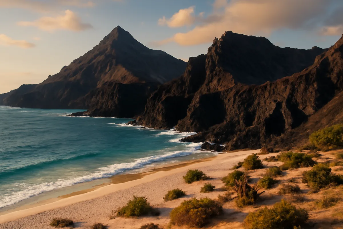 Breathtaking Cape Verde landscape showing volcanic cliffs, turquoise ocean waters, and white sandy beach under golden sunlight