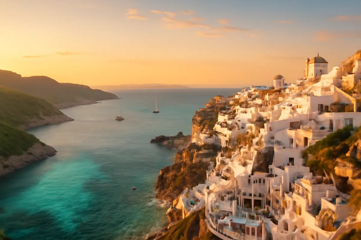 Panoramic view of a Mediterranean coastline with turquoise waters, white-washed cliffside village, and sailboats at golden hour, representing popular Czech summer holiday destinations like Greece or Croatia.