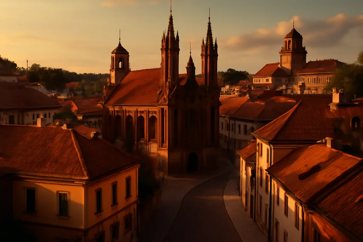 Aerial view of Vilnius Old Town in Lithuania showing historic church spires, red-tiled rooftops, and cobblestone streets bathed in golden hour sunlight