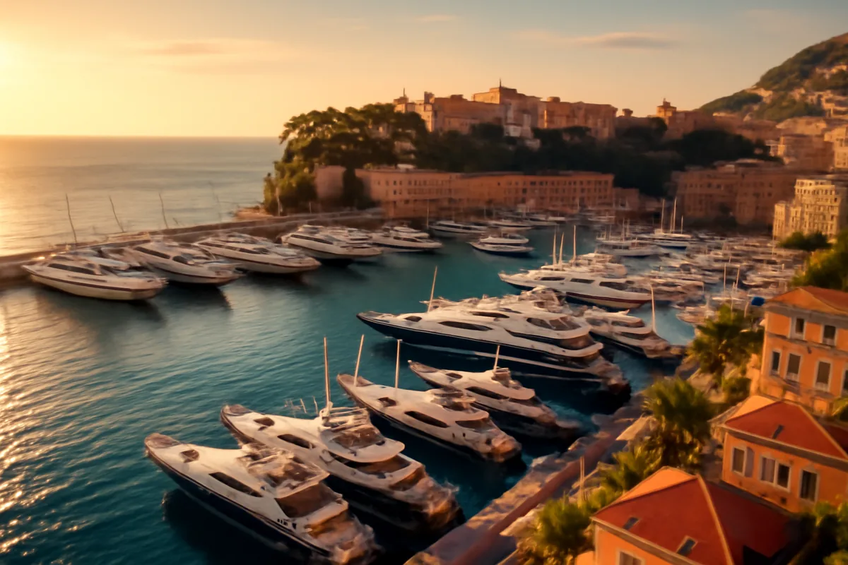 Scenic view of Monaco's Monte Carlo harbor featuring luxury yachts in the marina with the Prince's Palace perched on the cliff above, captured during golden hour with warm Mediterranean lighting