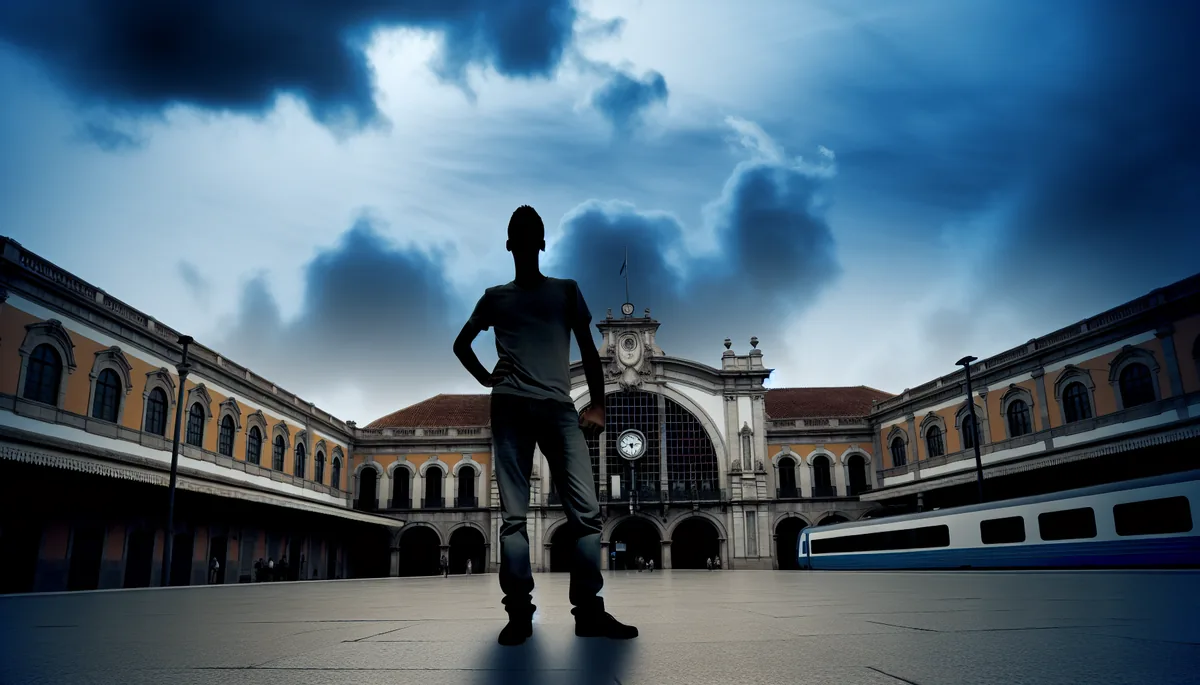 Silhouette of a traveler standing alone on a European train station platform under dramatic cloudy skies