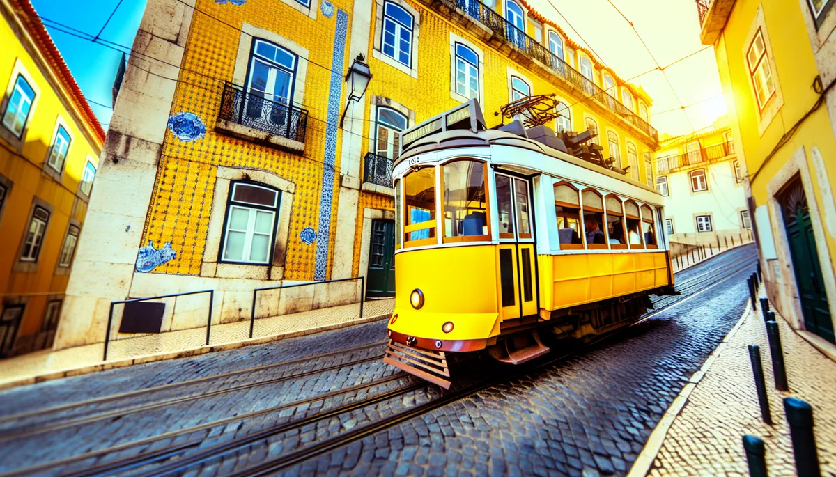 Traditional yellow tram traveling up a steep cobblestone street in Lisbon, Portugal, with buildings decorated in blue and white azulejo tiles during golden hour