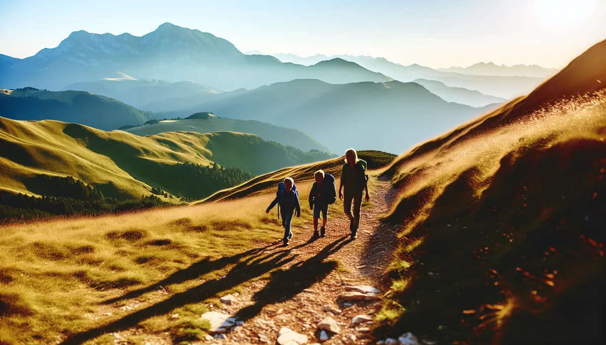 Family silhouettes walking together on a mountain trail in a European alpine landscape during golden hour