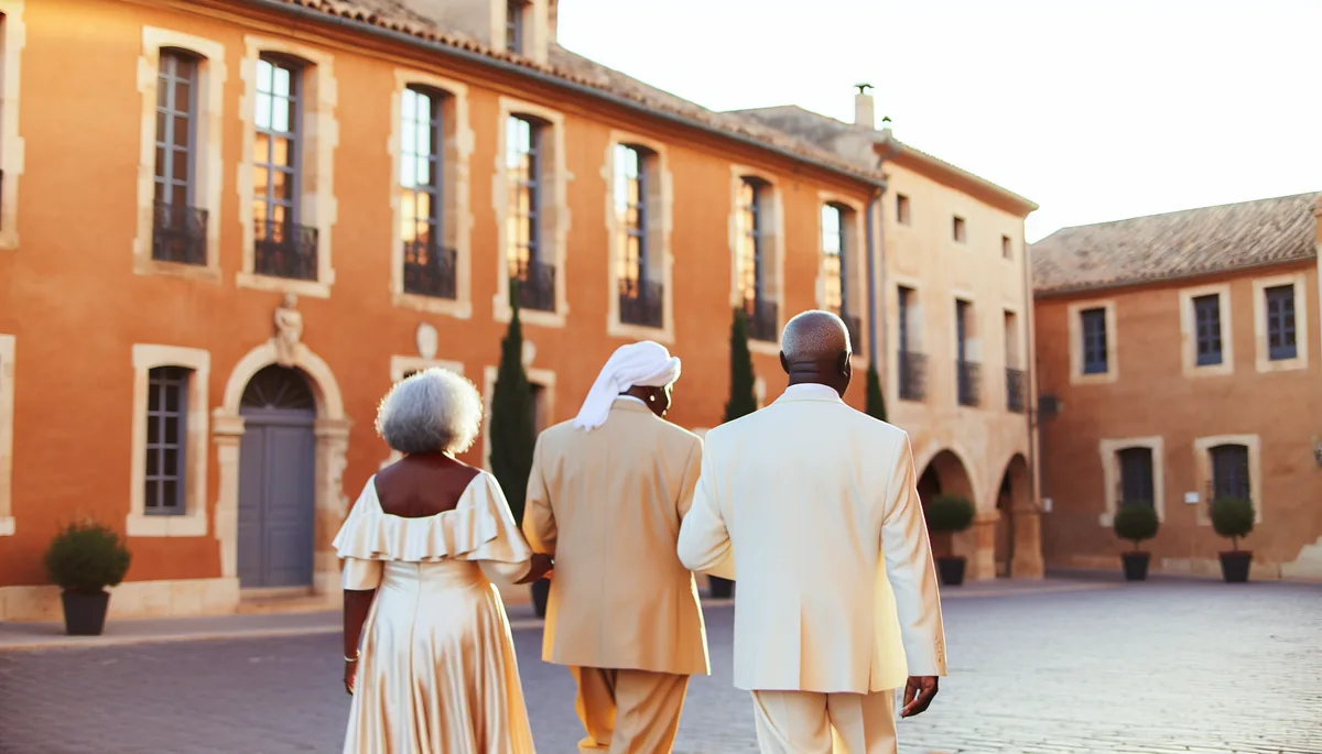Senior couple walking together through a picturesque European town square with historic buildings and cobblestone streets during golden hour