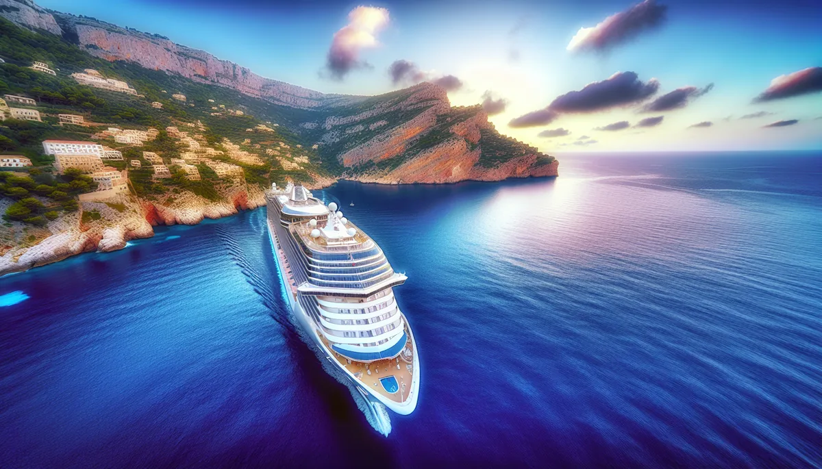 Luxury cruise ship sailing on blue Mediterranean waters with coastal cliffs and hillside towns in the background during golden hour