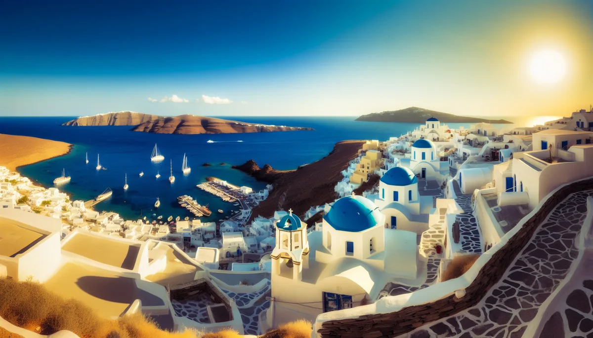 Picturesque Greek island village with traditional white buildings and blue domes overlooking the Mediterranean Sea at golden hour