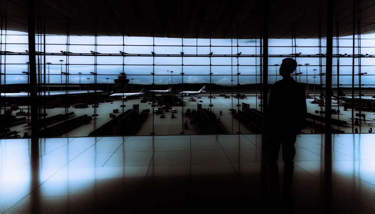 Silhouette of a traveler standing at an airport terminal window with planes visible on the tarmac under an overcast sky