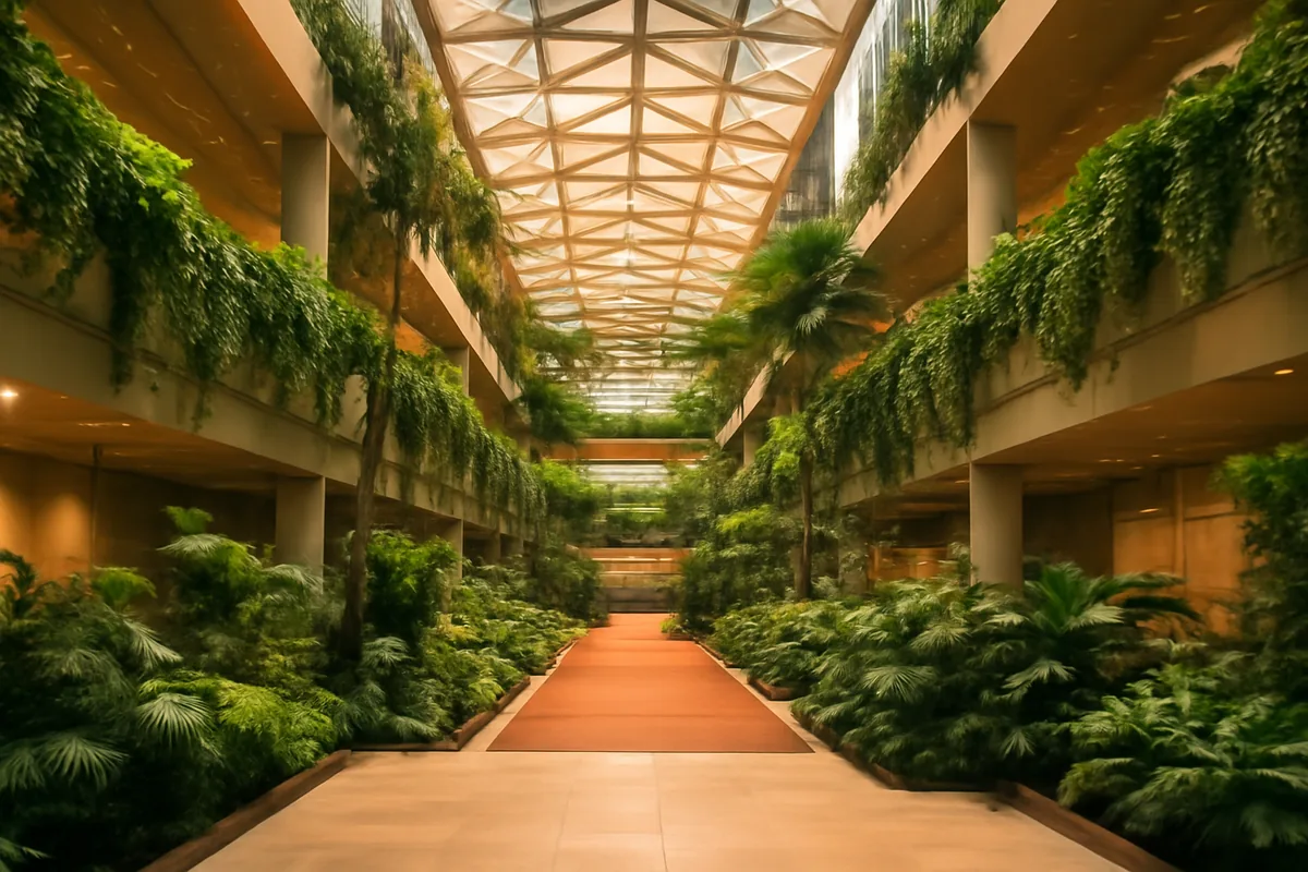 Grand interior of Singapore Changi Airport featuring a stunning glass ceiling, cascading tropical greenery, and architectural walkways bathed in warm natural light