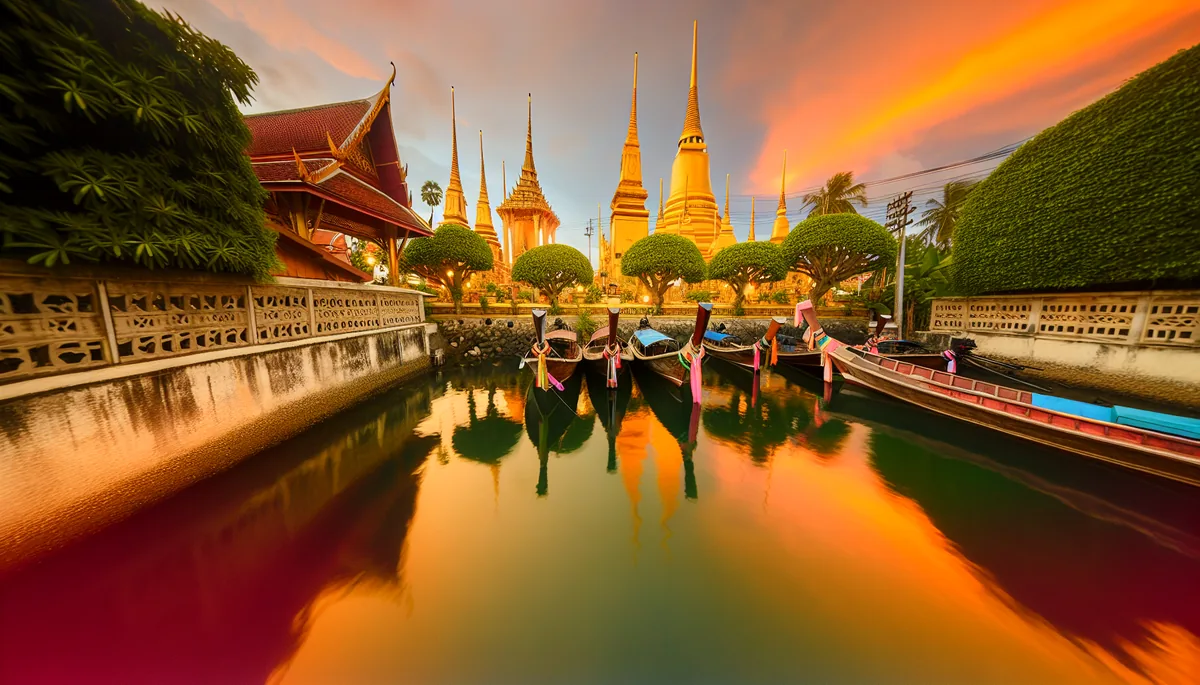 Golden Thai temple with ornate spires reflected in calm water, with traditional longtail boats and tropical scenery during golden hour