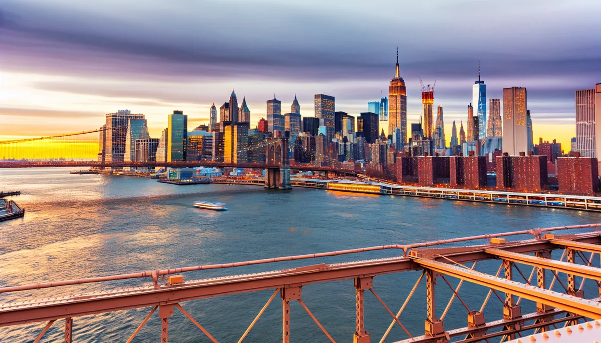 Stunning golden hour view of New York City skyline with Empire State Building prominently featured, photographed from Brooklyn Bridge with warm twilight lighting